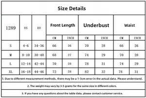 Detailed size chart for lace bodysuit with US and EU measurements for S M L and XL sizes