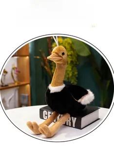 Close-up of soft brown ostrich plush toy featuring a white fluffy neck ring and black body