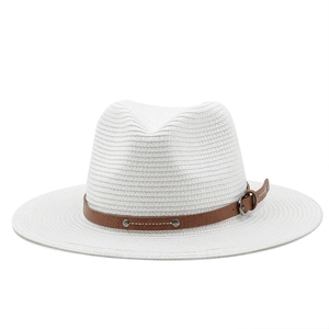 White flat top straw jazz hat with wide brim and brown leather belt for beach sun protection