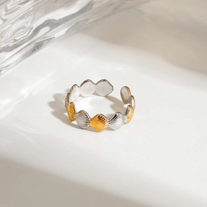 Close-up of dual-tone shell texture design on an adjustable 18K gold titanium steel ring