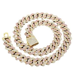Iced out 14mm pink and blue cuban link chain necklace with crystal encrusted square clasp