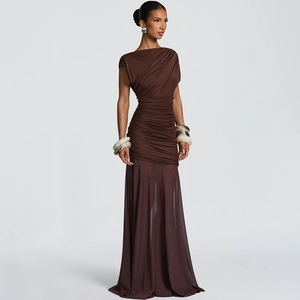Detail view of ruched sleeveless maxi dress with sheer panel and elegant brown silhouette