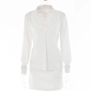 Detailed front view of white long-sleeved open blazer and mini skirt on transparent mannequin