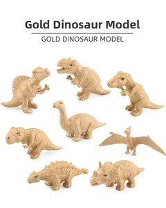 Detailed view of 8-piece gold Jurassic dinosaur model set with matte metallic finish