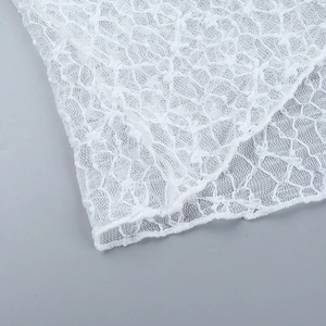 Primer plano de tela de encaje blanco transparente con patrones de ganchillo y malla