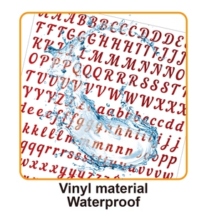 Detail showing waterproof red glitter vinyl alphabet stickers with realistic water droplets