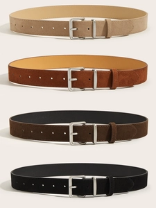 Vertical display of vintage suede wide belts in khaki, caramel, coffee, and black tones