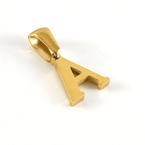 Gold letter A pendant necklace in stainless steel on a clean white background