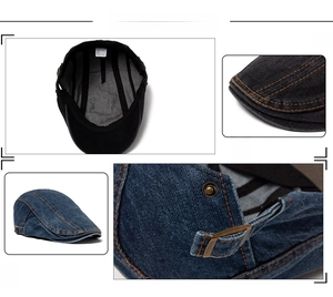 Detail view of denim flat cap showing metal buckles, fine stitching and inner structure