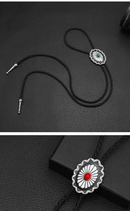 Macro detail of Celtic Bolo Tie with turquoise and red stones on braided leather