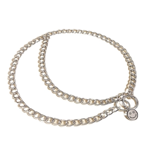 Silver double chain metal belt with round ring connectors and smiling face pendant