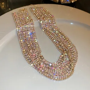 Sparkling multi-layer colorful rhinestone choker necklace on white ceramic display plate
