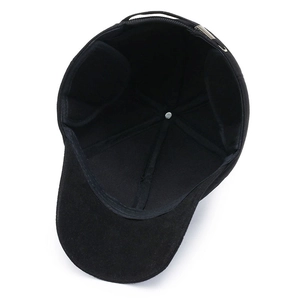 Winter men's black wool baseball cap with foldable ear flaps and adjustable metal buckle