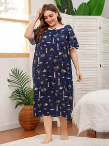 Lace-trimmed collar with a small bow on a navy marine print plus size nightdress