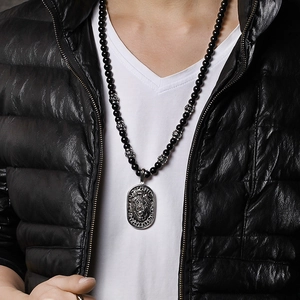 Men Punk Lion Head Pendant Necklace 316L Stainless Steel Hematite Glass Beads Retro Embossed Long Chain Jewelry