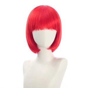 Detailed view of short red bob cosplay wig with bangs on a professional mannequin