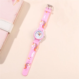 Pink unicorn quartz kids watch with colorful 3D silicone strap and easy-to-read dial