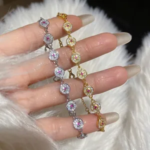 18K Gold Plated Round Zirconia Bracelet For Women Luxury Geometric Pink Crystal Inlaid Adjustable Chain Bracelet Fashion Jewelry Gift