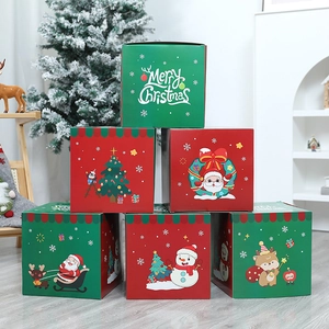 Christmas Gift Boxes Paper Square Cartoon Santa Snowman Reindeer Pattern Holiday Festive Party Decor Home Window Display