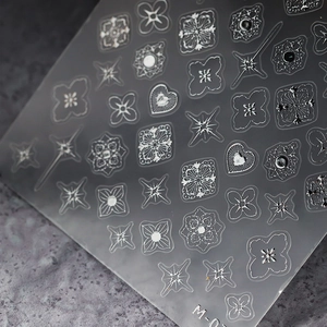 3D relief nail art stickers with white stars and floral patterns on sheet M-07