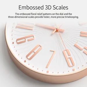 Modern rose gold 12 inch wall clock with 3D embossed numbers and radial texture dial