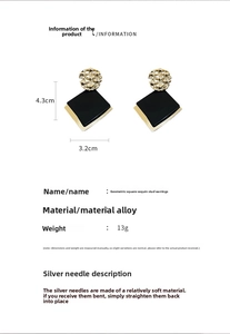 Detailed view of geometric square earrings with dimensions 4.3x3.2cm on white background