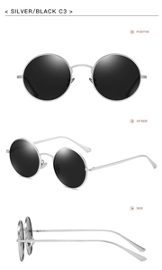 Three-angle view of silver metal round punk sunglasses with black lenses in C3 finish