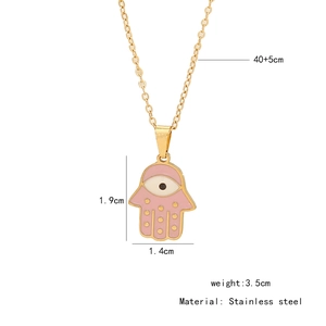 Detailed size specifications for the pink Hamsa Hand pendant necklace in stainless steel