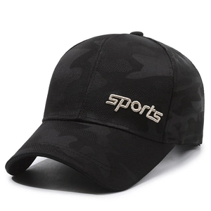 Black camouflage baseball cap with sports embroidery and curved brim for outdoor wear
