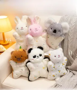 Detailed view of assorted animal plush dolls with floral fabric bodies and soft furry heads