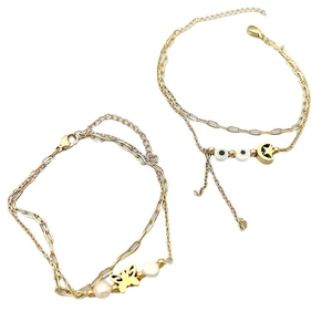 18K gold plated double-layer stainless steel bracelet with butterfly, pearl and evil eye charms