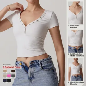 Women's slim fit V-neck yoga t-shirt with metal buttons and brushed breathable fabric