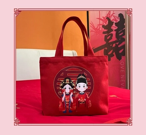 Detail of red wedding canvas tote bag featuring traditional Chinese wedding illustrations