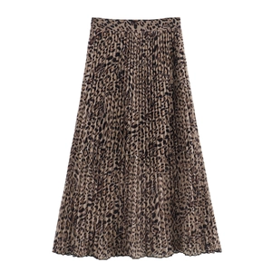 Gonna a pieghe linea A con stampa leopardata da donna, gonna midi in chiffon a vita alta