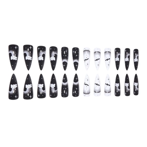 24pcs Halloween stiletto press-on nails with black and white bat moon and star patterns