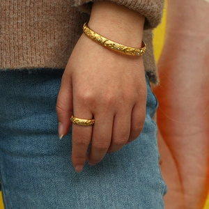 18K gold plated bangle and ring set with celestial moon and star embossed patterns