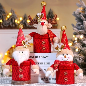 Three-piece Christmas plush gift jars with Santa, Reindeer and Snowman in red sequin fabric