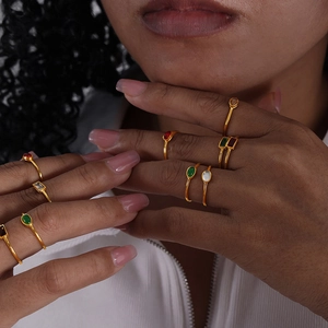 Minimalist Stainless Steel Ring For Women With Colorful Zirconia Oval Rectangle Glass Stone French Retro Stackable Jewelry