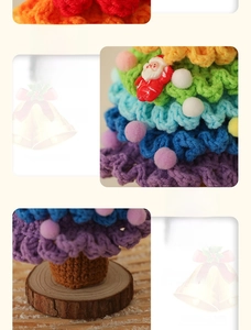 Detailed macro view of handmade crochet Christmas tree decoration on natural wooden base