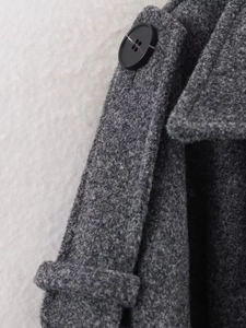 Detailed close-up of dark grey wool coat featuring black buttons and shoulder strap texture