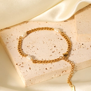 Freshwater Pearl Bracelet 18K Gold Plated Stainless Steel Cuban Link Chain Adjustable French Retro Jewelry For Women