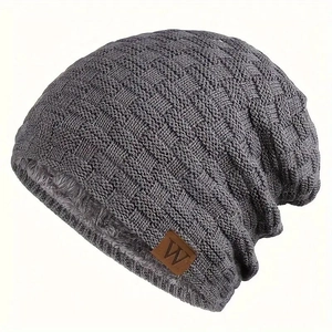 Herren Winter Strickmütze Beanie Slouchy Dickes Fleecegefüttertes Warmes Wollmütze Mit Buchstaben Lederaufnäher
