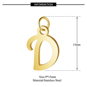 Detail of gold plated stainless steel letter D pendant with dimensions 9x15mm