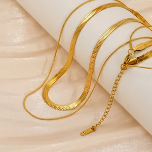 Double Layer Herringbone And Snake Chain Necklace Stainless Steel 18K Gold Plated Stackable Flat Minimalist Jewelry Women