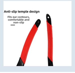 Detail of ergonomic red and black anti-slip rubber temple tips for sports sunglasses