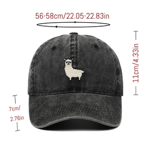 Vintage washed black cotton baseball cap with white sheep embroidery and size details