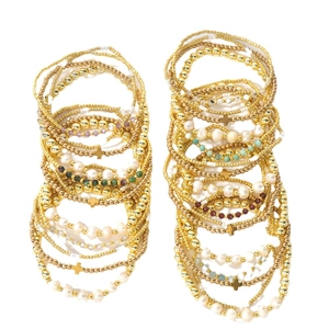 Multilayer bohemian bead bracelet set with natural stones, pearls and cross charms