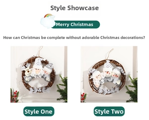 Close-up of Christmas rattan wreaths with Santa, reindeer, and snowman plush decorations