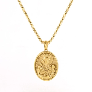 Collier Pendentif Religieux Sainte Barbe Acier Inoxydable Plaqué Or 18K Médaille Ovale Relief Style Vintage Femmes