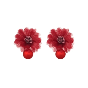 Red fabric flower earrings with mesh petals and matte beads for seaside vacation style